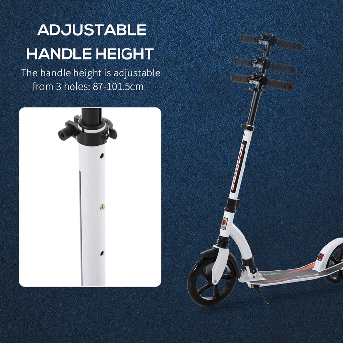 Adjustable Height Teen & Adult Kick Scooter - Foldable Aluminum Frame with Shock Absorbing Mechanism - Ideal Ride-On Toy for Ages 14+, White
