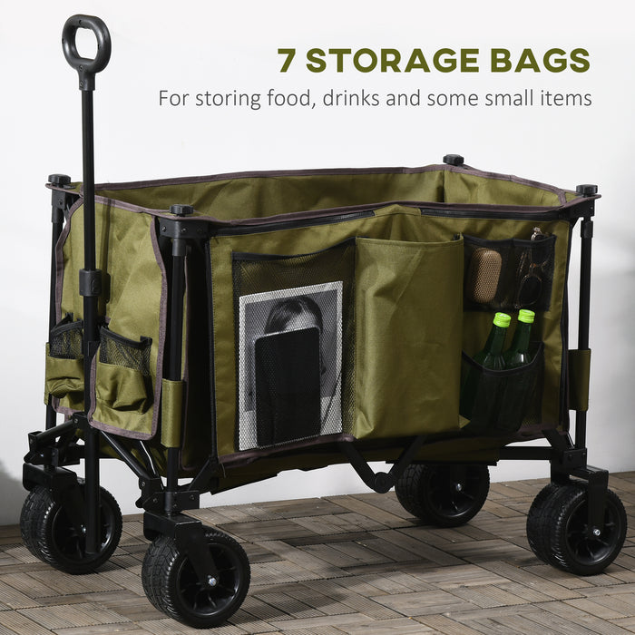 Folding Outdoor Utility Wagon with Wheels - Collapsible Garden & Camping Cart, Durable Steel Frame with Oxford Fabric - Ideal for Yard Work and Outdoor Adventures, Green