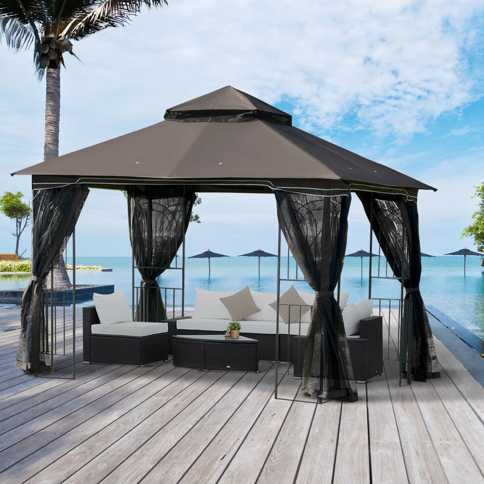 Double Tier Roof Gazebo - Outdoor Garden Canopy with Removable Mesh Curtains and Display Shelves - Ideal for Entertaining and Relaxation in Coffee Color