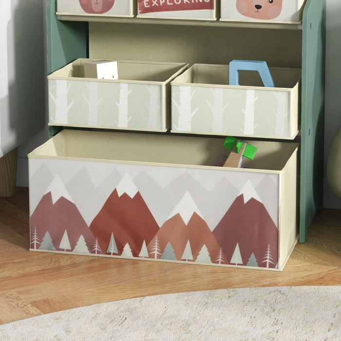 Kids Toddler Bed with Storage - Bedroom Furniture with 6 Fabric Bins, Green - Ideal for Children Ages 3-6 Keeping Organized