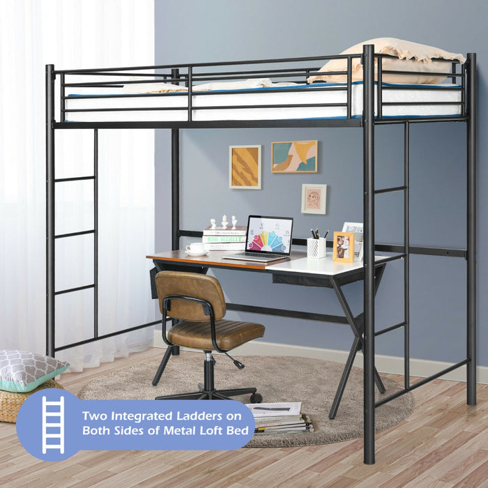 Metal Loft Bed Frame - Twin Size with Safety Guardrail, White - Ideal for Kids and Adults