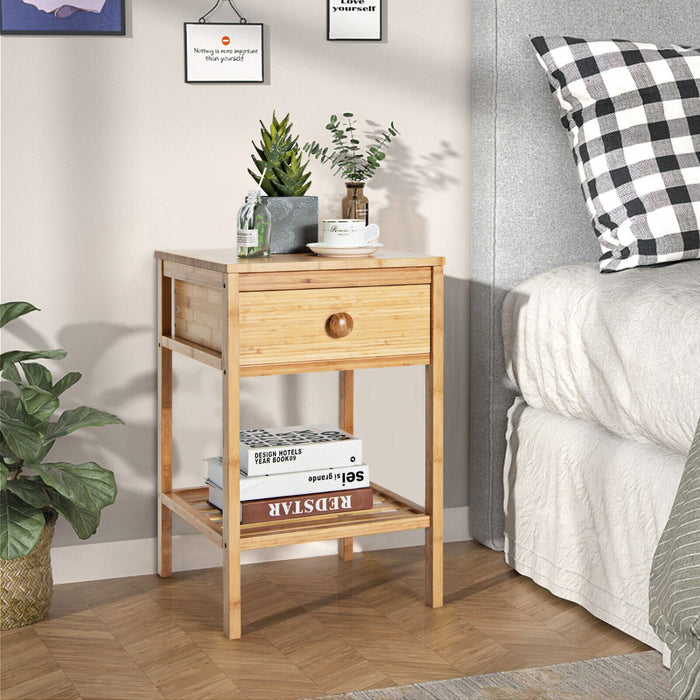 Bamboo Craft - Nightstand Bedside Table with Drawer and Open Storage Shelf in Natural Finish - Ideal Furniture for Bedroom Organizing