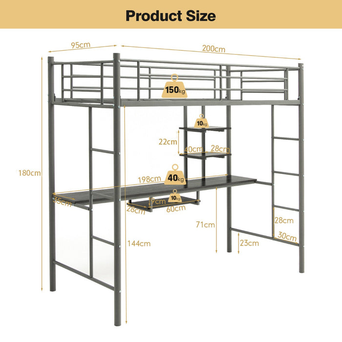 High Sleeper Metal Bunk Bed Frame - With Desk and Storage Shelves, Silver Accommodation - Perfect for Kids, Saving Space Solution