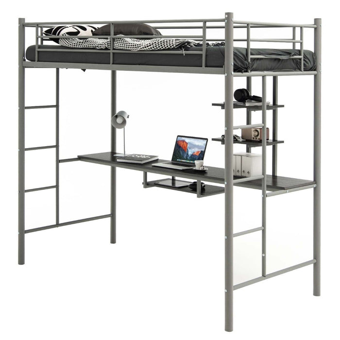 High Sleeper Metal Bunk Bed Frame - With Desk and Storage Shelves, Silver Accommodation - Perfect for Kids, Saving Space Solution