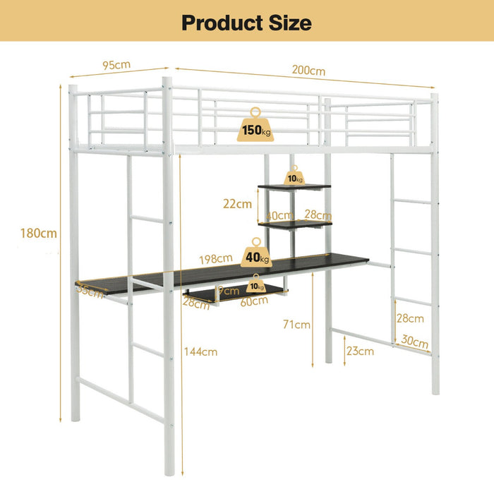 High Sleeper Metal Bunk Bed Frame - With Desk and Storage Shelves, Silver Accommodation - Perfect for Kids, Saving Space Solution