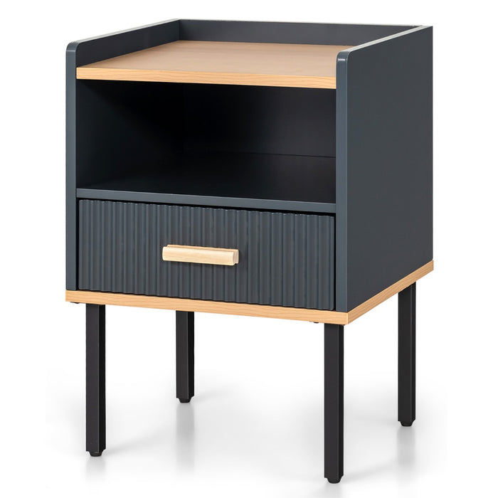 ModernBedside - Dark Grey Table with Open Shelf and Solid Metal Legs - Ideal for Space-Saving Bedroom Organization