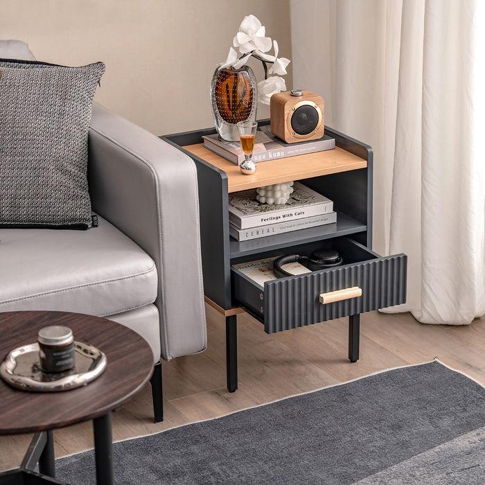 ModernBedside - Dark Grey Table with Open Shelf and Solid Metal Legs - Ideal for Space-Saving Bedroom Organization