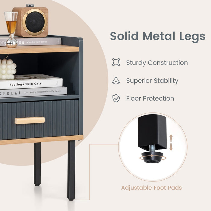 ModernBedside - Dark Grey Table with Open Shelf and Solid Metal Legs - Ideal for Space-Saving Bedroom Organization