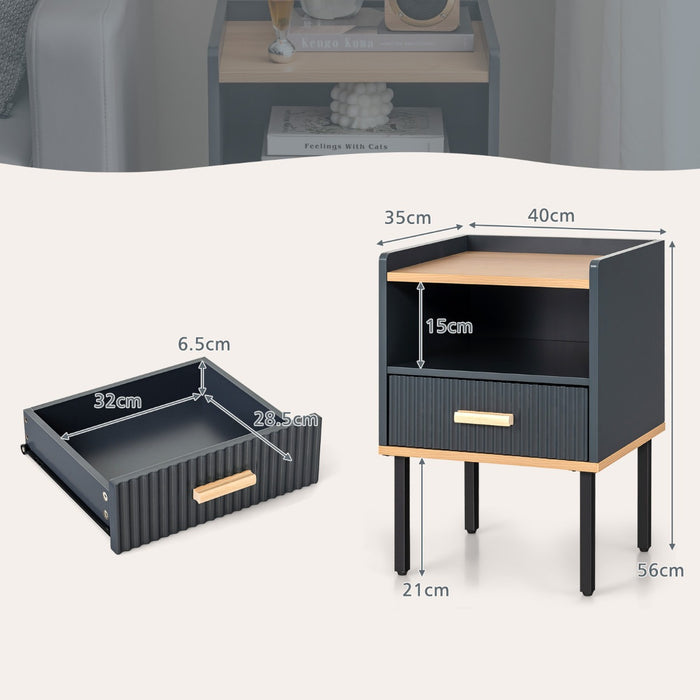 ModernBedside - Dark Grey Table with Open Shelf and Solid Metal Legs - Ideal for Space-Saving Bedroom Organization