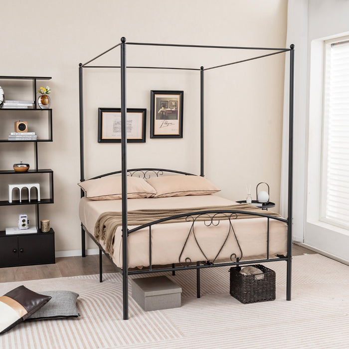 Double Size Metal - Canopy Bed Frame in White - Ideal for Modern Bedroom Decor