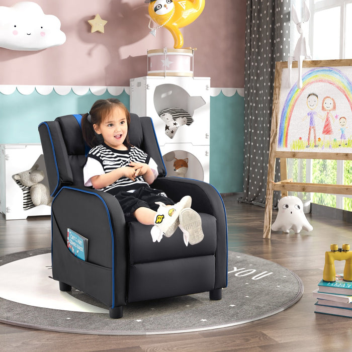 Kids Recliner Furniture - Adjustable Backrest Footrest & Side Pockets Chair in Blue - Ideal Comfort Solution for Children