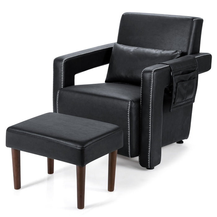 Accent Chair with Footstool - Upholstered Padded Seat and Lumbar Pillow in Black - Ideal Comfortable Seating Solution for Home Relaxation