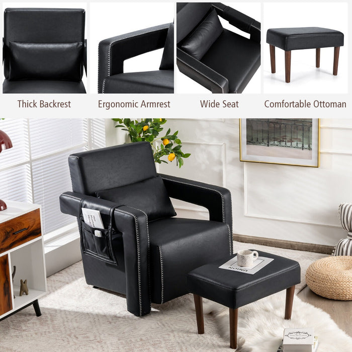 Accent Chair with Footstool - Upholstered Padded Seat and Lumbar Pillow in Black - Ideal Comfortable Seating Solution for Home Relaxation