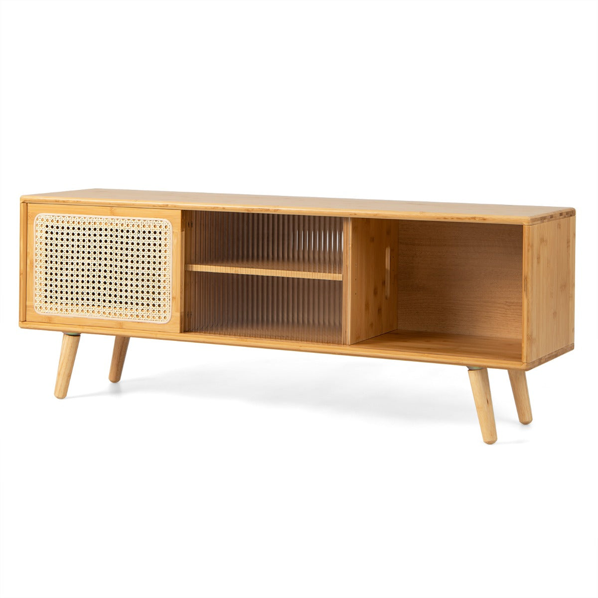 Bamboo Crafted Entertainment Center - Natural Finish with Rattan and Tempered Glass Sliding Doors - Ideal for Elegant Living Spaces