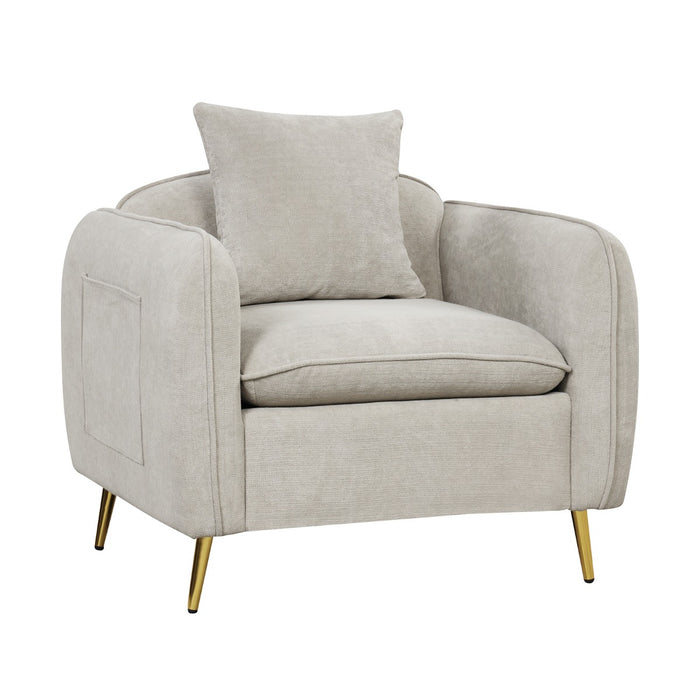 Chenille Velvet Accent Chair - Golden Metal Legs, Beige Design - Perfect for Adding Elegance to any Room Decor