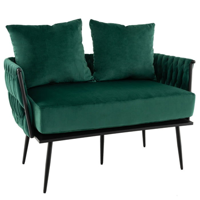 Modern Loveseat Sofa - Woven Back and Arms, Green Finish - Ideal for Contemporary Home Décor