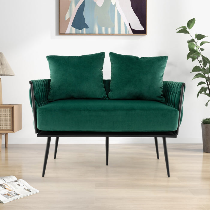 Modern Loveseat Sofa - Woven Back and Arms, Green Finish - Ideal for Contemporary Home Décor
