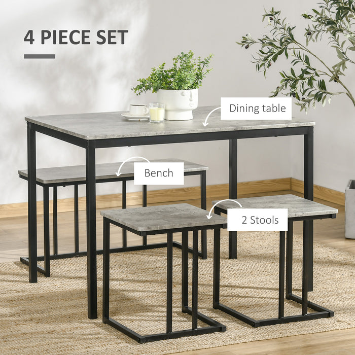 Concrete-Effect Dining Ensemble for Four - Steel-Framed Kitchen Table & Bench Set with Grey Finish - Ideal for Family Meals and Small Space Dining