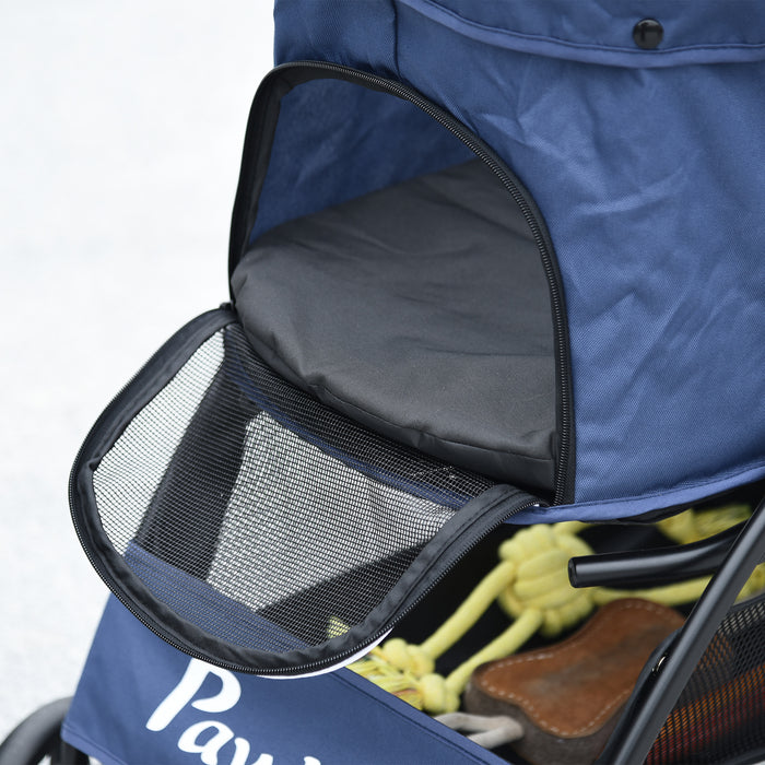 Foldable Pet Stroller with Spacious Carriage - Dog and Cat Travel System with Universal Wheels and Brake Canopy - Perfect for Pets, Includes Basket Storage Bag in Dark Blue