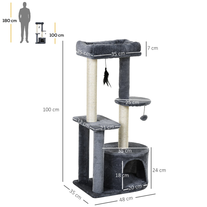 Multi-Level 100cm Cat Tree Tower - Indoor Playground with Scratching Posts, Cozy Perch, Play Balls, and Relaxation House - Ideal for Playful Cats and Kittens to Rest and Exercise