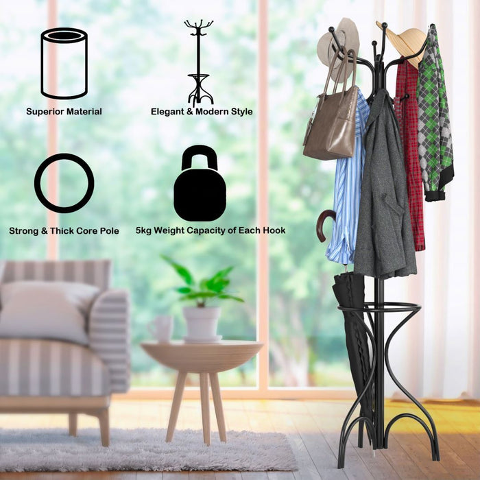 Freestanding Metal Coat Stand - Modern Design with 12 Hooks, 4-Leg Base - Convenient for Bedroom and Entryway Organization