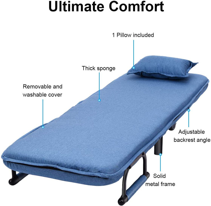Single Folding Chair Bed with Pillow in Blue - Versatile Seating and Sleep Solution for Small Spaces - Ideal for Overnight Guests and Compact Living Areas