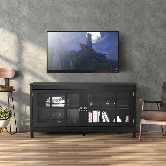 Contemporary Wooden TV Stand - Tempered Glass Doors, Suitable for TVs up to 50", Black - Ideal for Modern Home Entertainment Systems