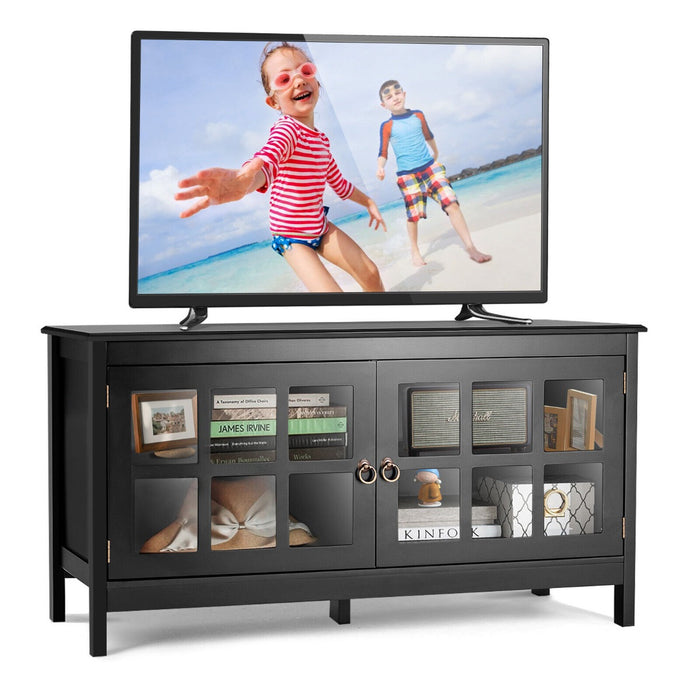Contemporary Wooden TV Stand - Tempered Glass Doors, Suitable for TVs up to 50", Black - Ideal for Modern Home Entertainment Systems