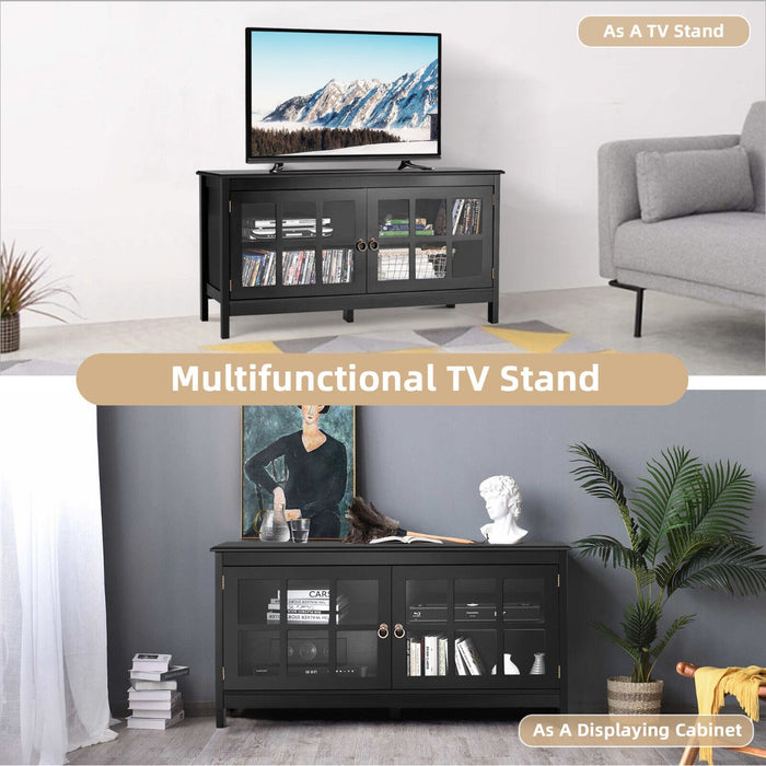 Contemporary Wooden TV Stand - Tempered Glass Doors, Suitable for TVs up to 50", Black - Ideal for Modern Home Entertainment Systems