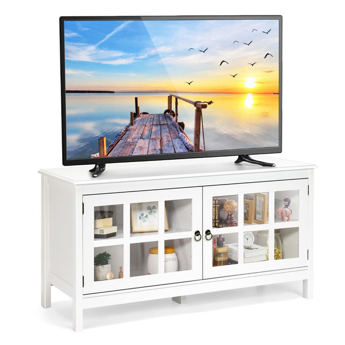 Contemporary Wooden TV Stand - Tempered Glass Doors, Suitable for TVs up to 50", Black - Ideal for Modern Home Entertainment Systems