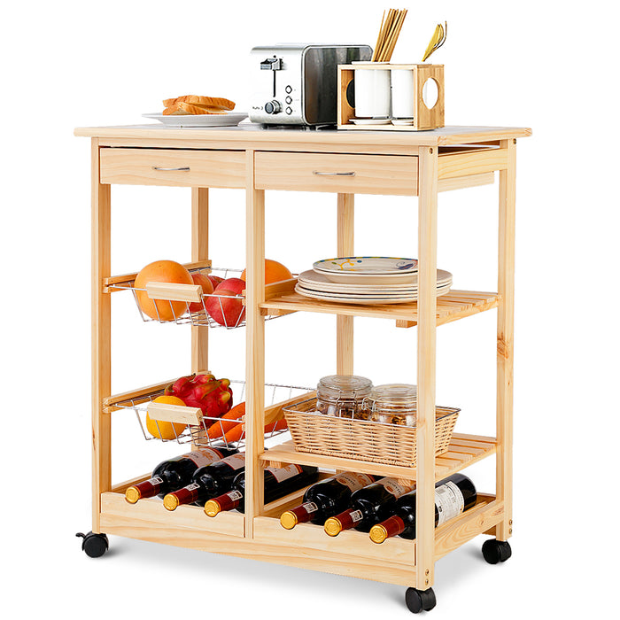 Burgundy Wooden Rolling Kitchen Cart - With Drawers, Shelves, Wire Baskets, Wine Racks - Ideal Storage Solution for Kitchen Essentials