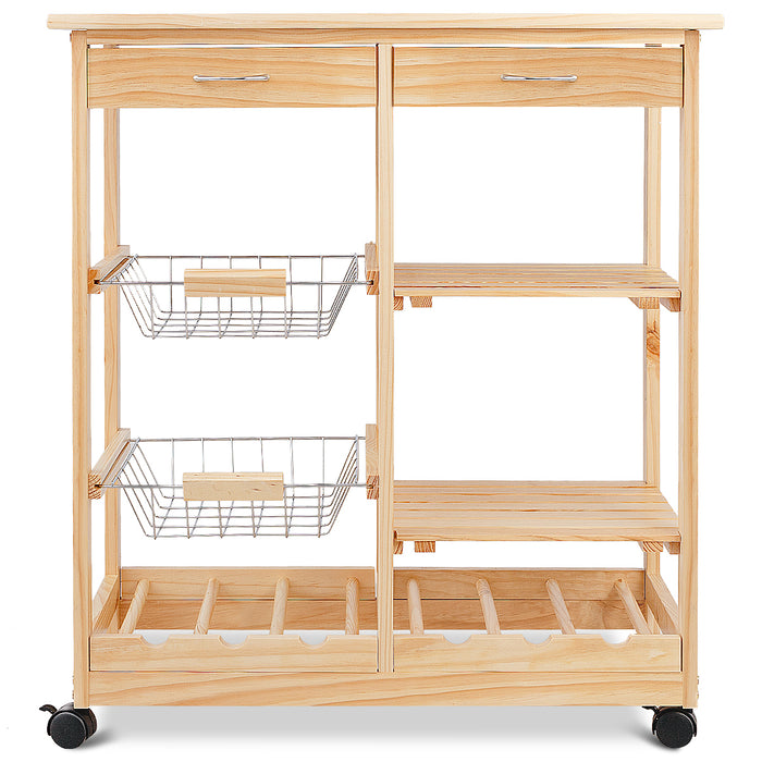 Burgundy Wooden Rolling Kitchen Cart - With Drawers, Shelves, Wire Baskets, Wine Racks - Ideal Storage Solution for Kitchen Essentials