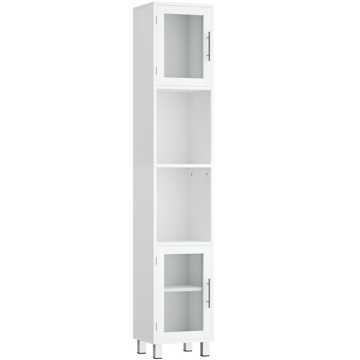 Slim Wooden Bathroom Cabinet - Freestanding Design with Tempered Glass Doors in White - Perfect for Elegant Storage Solutions in Small Spaces