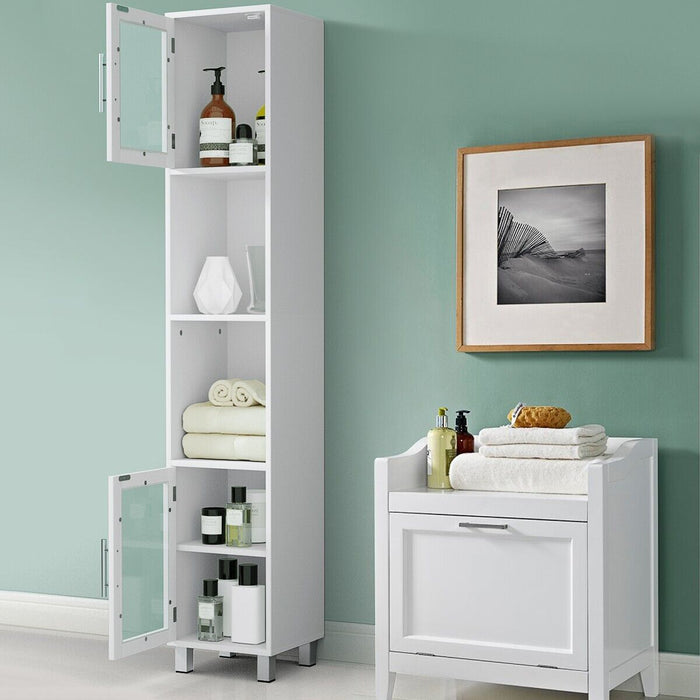 Slim Wooden Bathroom Cabinet - Freestanding Design with Tempered Glass Doors in White - Perfect for Elegant Storage Solutions in Small Spaces