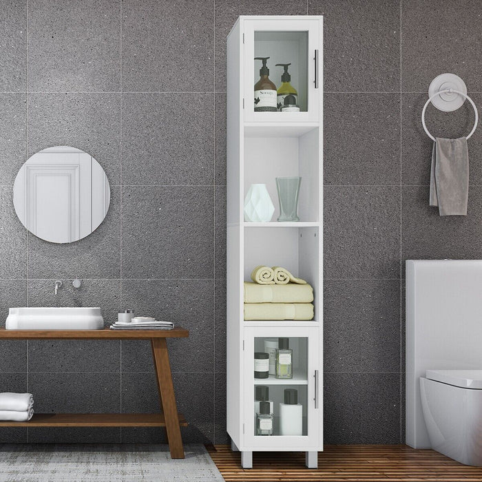 Slim Wooden Bathroom Cabinet - Freestanding Design with Tempered Glass Doors in White - Perfect for Elegant Storage Solutions in Small Spaces