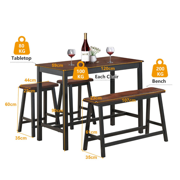 Dining Furniture Set - 4 Pieces with Table, Chair, Bench, and Stools In Coffee - Ideal for Casual Meal Settings and More Intimate Dining Occasions