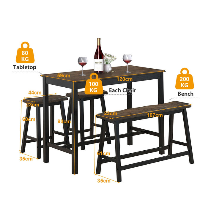 Dining Furniture Set - 4 Pieces with Table, Chair, Bench, and Stools In Coffee - Ideal for Casual Meal Settings and More Intimate Dining Occasions