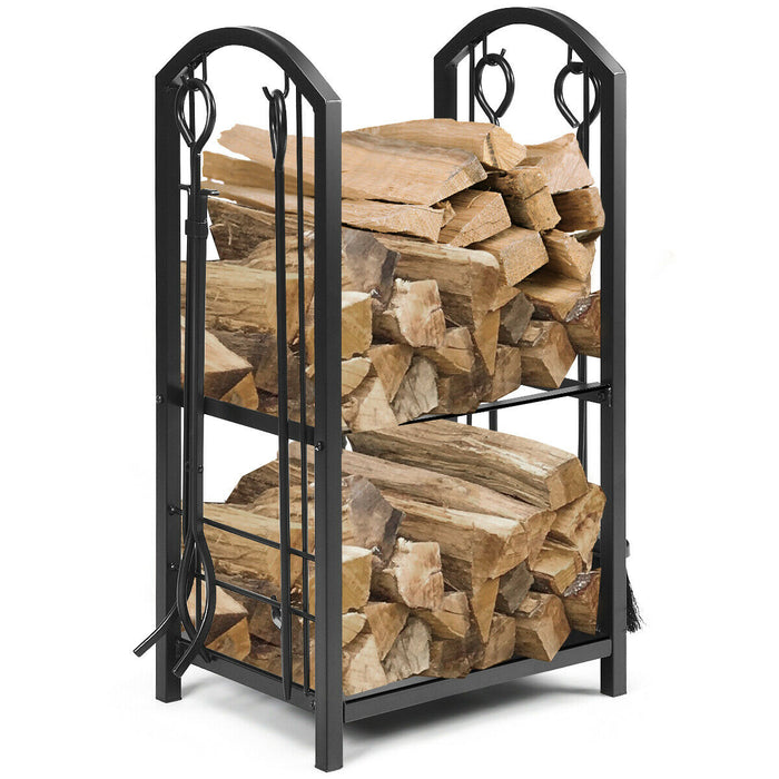 Log Rack and Fireplace Accessories Set - Black Firewood Storage Solution with Four Essential Tools - For Easy Log Management and Fire Tending