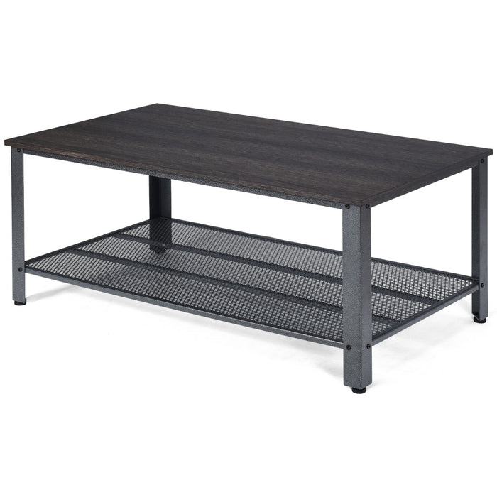 Vintage Inspired Grey Coffee Table - Mesh Shelf Feature for Extra Storage - Suitable for Living Room Decor & Space Solution