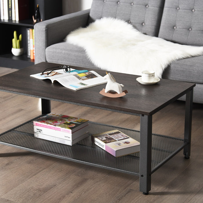 Vintage Inspired Grey Coffee Table - Mesh Shelf Feature for Extra Storage - Suitable for Living Room Decor & Space Solution