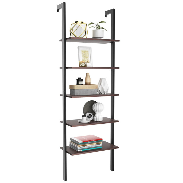 Industrial Styled Design - Wall Mounted 5-Tier Ladder Shelf in Coffee Finish - Ideal for Displaying Decor and Organizing Spaces