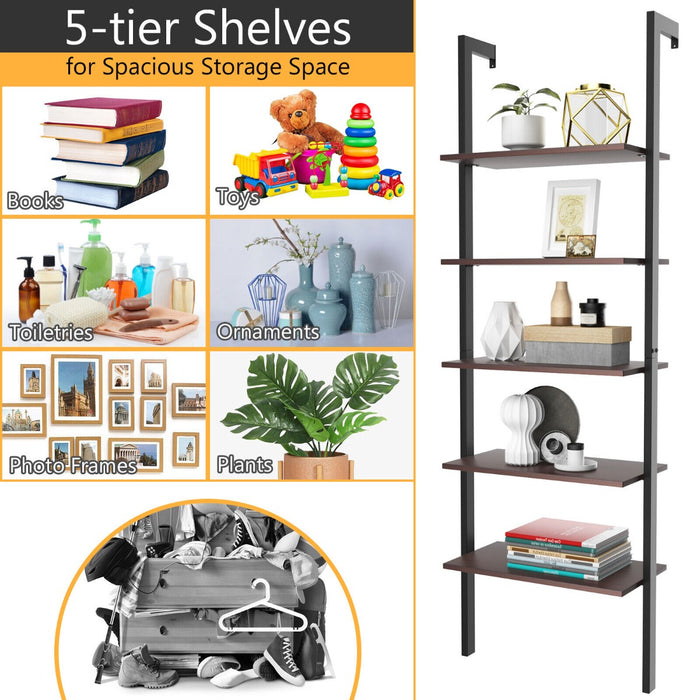 Industrial Styled Design - Wall Mounted 5-Tier Ladder Shelf in Coffee Finish - Ideal for Displaying Decor and Organizing Spaces