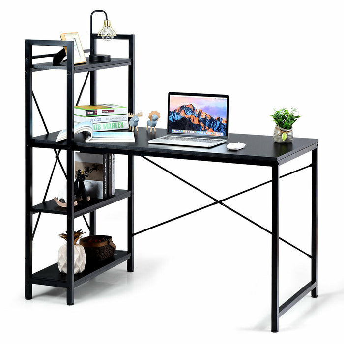 Walnut Wooden Desk - Computer Writing Table with 4-Tier Reversible Bookshelf - Ideal Solution for Organizing Home Office Space