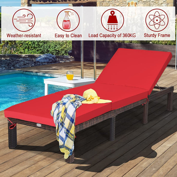 Rattan - Sun Lounger, Adjustable Backrest, Removable Red Cushion - Perfect for Outdoor Relaxation and Comfort