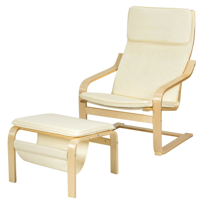 Wooden Lounge Chair Set - White Chair with Footstool and Removable Cushion - Ideal for Comfort and Relaxation