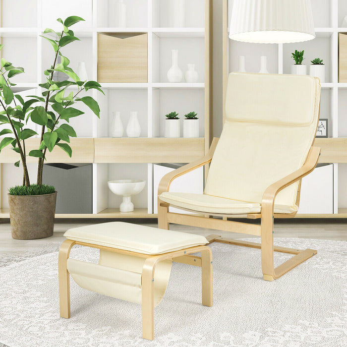 Wooden Lounge Chair Set - White Chair with Footstool and Removable Cushion - Ideal for Comfort and Relaxation