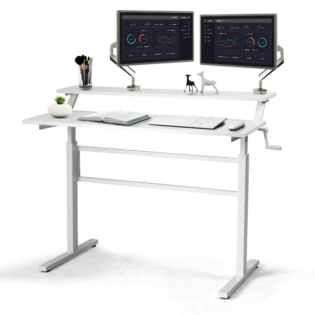 Adjustable Height Desk with 2-Tiers - White Standing Desk with Crank Handle - Perfect for Sit-Stand Work Environments