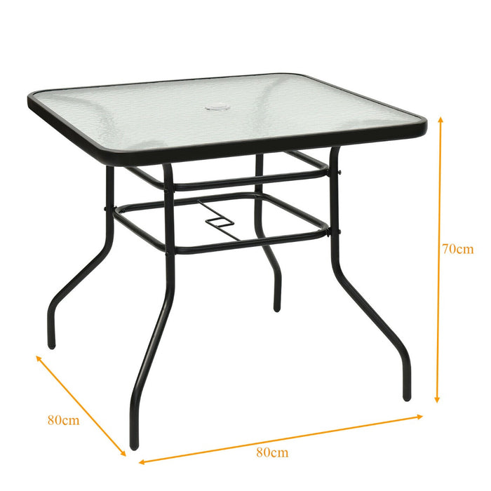 80CM Garden Dining Table - Tempered Glass with Parasol Hole Feature - Ideal for Outdoor Dining and Garden Parties