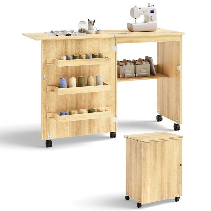 Beige Folding Sewing Table - Equipped with Storage Shelves and Lockable Casters - Ideal for Crafters and Seamstresses