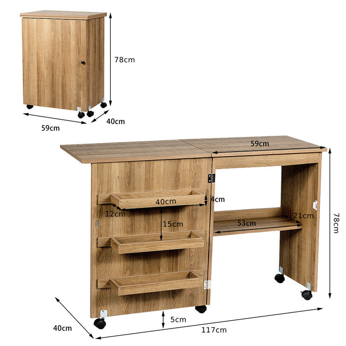 Beige Folding Sewing Table - Equipped with Storage Shelves and Lockable Casters - Ideal for Crafters and Seamstresses